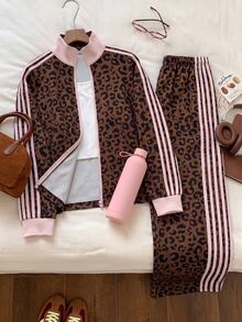 SHEIN EZwear 大尺碼時尚豹紋長袖運動衫與條紋拼接配色長褲套裝 秋季 - 棕色 - 查看 5