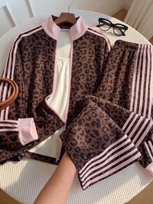 SHEIN EZwear 大尺碼時尚豹紋長袖運動衫與條紋拼接配色長褲套裝 秋季 - 棕色 - 查看 9