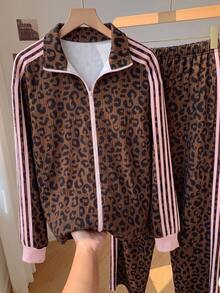 SHEIN EZwear 大尺碼時尚豹紋長袖運動衫與條紋拼接配色長褲套裝 秋季 - 棕色 - 查看 7