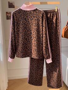SHEIN EZwear 大尺碼時尚豹紋長袖運動衫與條紋拼接配色長褲套裝 秋季 - 棕色 - 查看 12