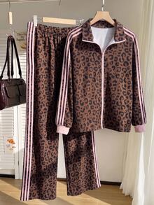 SHEIN EZwear 大尺碼時尚豹紋長袖運動衫與條紋拼接配色長褲套裝 秋季 - 棕色 - 查看 3