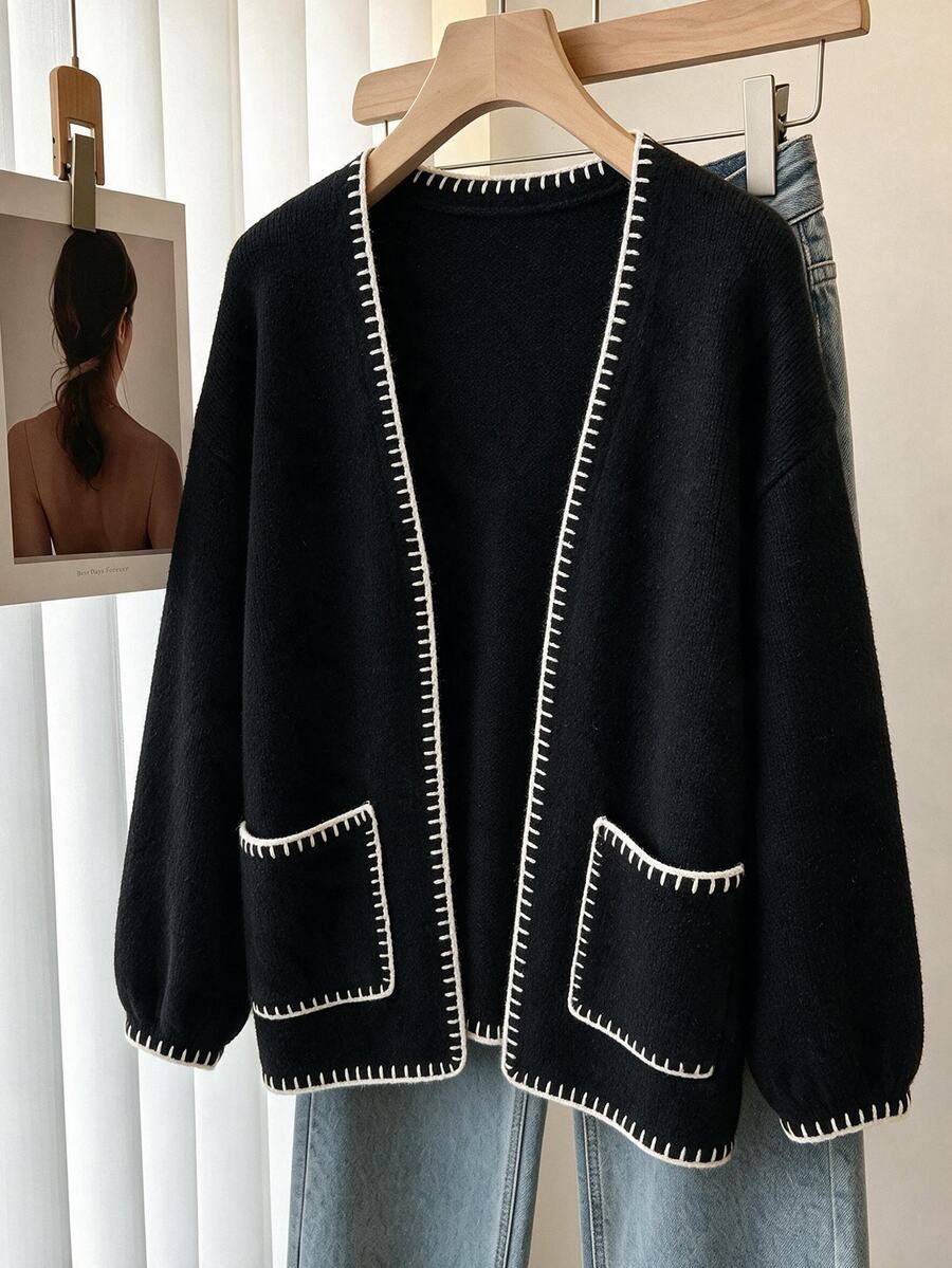 Women's 25104 Women's Shepherd Stitch Detailed Cardigan With Pockets Black - Black - View 1