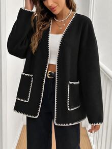 Women's 25104 Women's Shepherd Stitch Detailed Cardigan With Pockets Black - Black - View 3