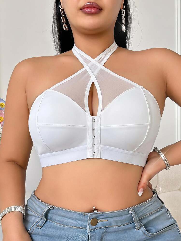 SHEIN Plus Size Comfortable Wire-Free Thin Bottom Halter Neck Bra - White - View 4