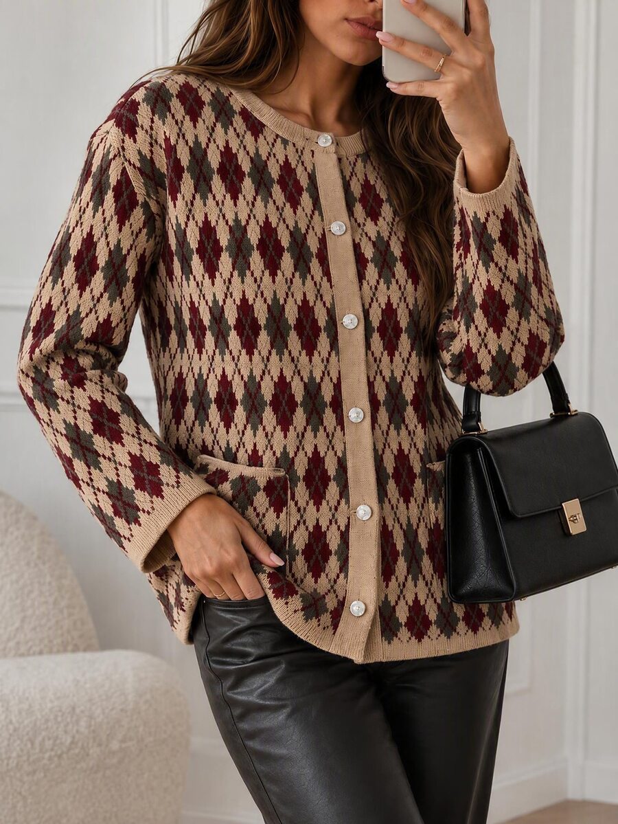 Women's 24123 Women's Argyle Patterned Button-Up Comfortable Knit Cardigan With Pockets Gray - Brown - View 1