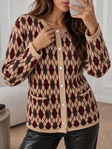 Women's 24123 Women's Argyle Patterned Button-Up Comfortable Knit Cardigan With Pockets Gray - Brown - View 4