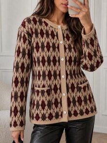 Women's 24123 Women's Argyle Patterned Button-Up Comfortable Knit Cardigan With Pockets Gray - Brown - View 5