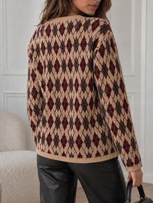 Women's 24123 Women's Argyle Patterned Button-Up Comfortable Knit Cardigan With Pockets Gray - Brown - View 2