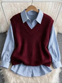 Women's Shirt Detailed Knit Sweater Blouse - Burgundy - View 1