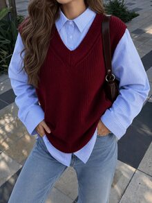Women's Shirt Detailed Knit Sweater Blouse - Burgundy - View 2