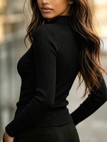 Balvessa Commuter Style POLO Collar O-Ring Half-Zip Long Sleeve Top, Elastic Vertical Ribbed Knit Fitted Top, Suitable For Office, Daily Casual, Autumn/Winter Layering, Light Cool Style - Black - View 2