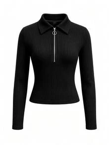 Balvessa Commuter Style POLO Collar O-Ring Half-Zip Long Sleeve Top, Elastic Vertical Ribbed Knit Fitted Top, Suitable For Office, Daily Casual, Autumn/Winter Layering, Light Cool Style - Black - View 7