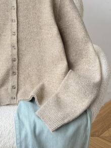 SHEIN 青少年女孩/小女孩秋冬新款淺灰色薄款外套，可愛，適合派對、春季出遊、休閒通勤、日常外出、度假穿搭，灰色針織開襟衫，適合搭配洋裝 - 灰色 - 查看 4