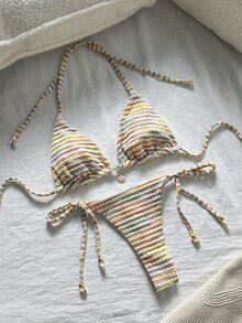 SHEIN Swim 女士提花面料露背金属装饰性感比基尼套装，夏季 - 彩色 - 查看 4