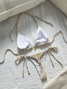 SHEIN Swim 女士提花面料露背金属装饰性感比基尼套装，夏季 - 彩色 - 查看 3