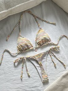 SHEIN Swim 女士提花面料露背金属装饰性感比基尼套装，夏季 - 彩色 - 查看 2