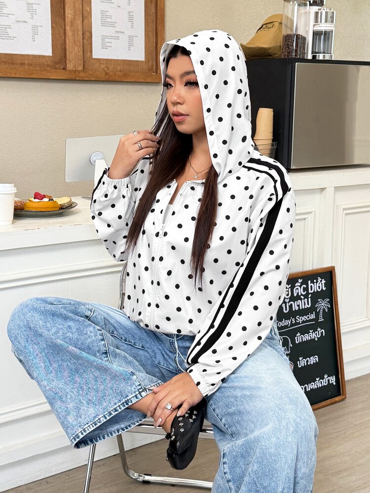 Muchica Plus Size Women's Polka Dot Print Long Sleeve Zip-Up Hooded Jacket Fall - Black and White - View 7