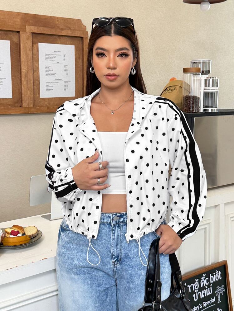Muchica Plus Size Women's Polka Dot Print Long Sleeve Zip-Up Hooded Jacket Fall - Black and White - View 4