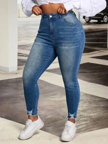 Slaydiva Plus-Size Women's Sexy Fashionable Versatile Tight Jeans For Fall - Dusty Blue - View 3