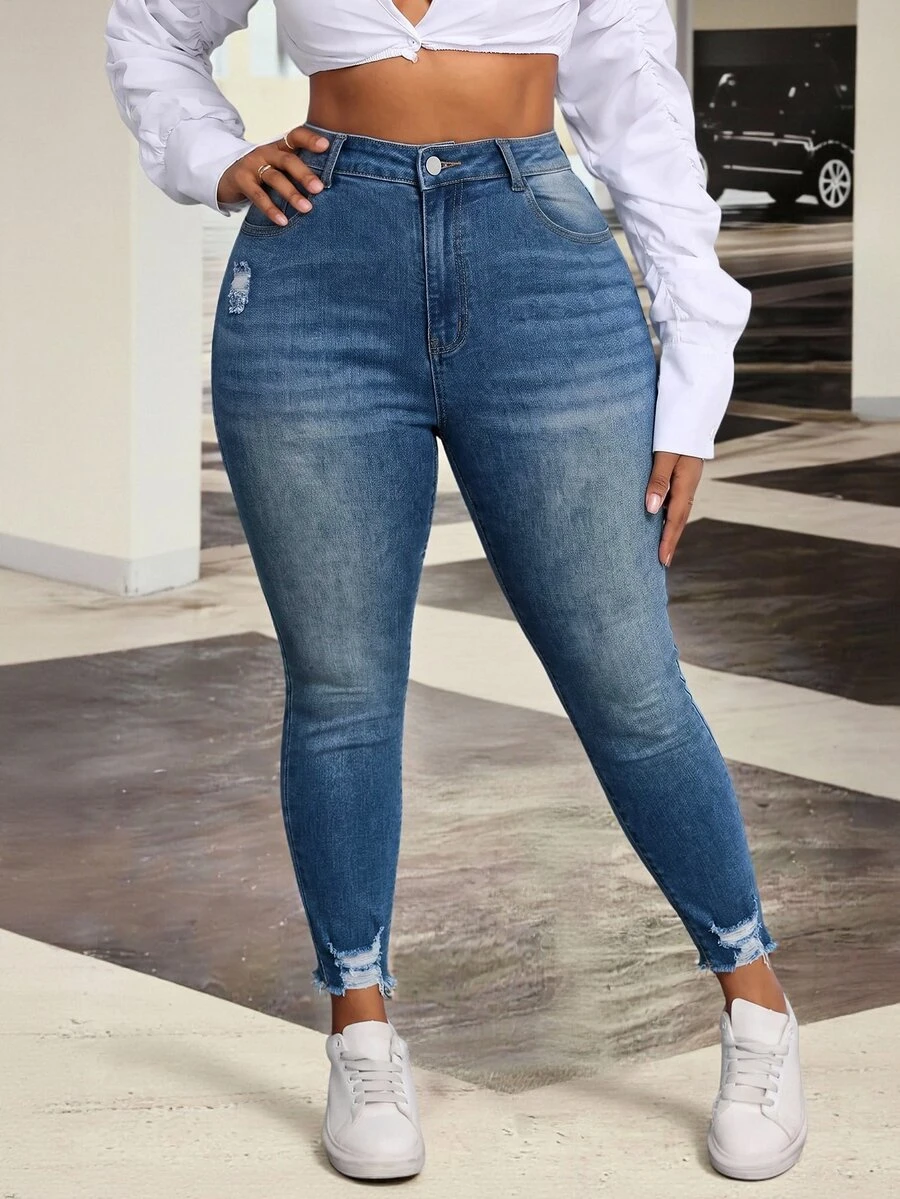 Slaydiva Plus-Size Women's Sexy Fashionable Versatile Tight Jeans For Fall - Dusty Blue - View 1