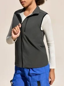 SHEIN Sports 女士纯色立领户外背心外套 - 灰色 - 查看 7