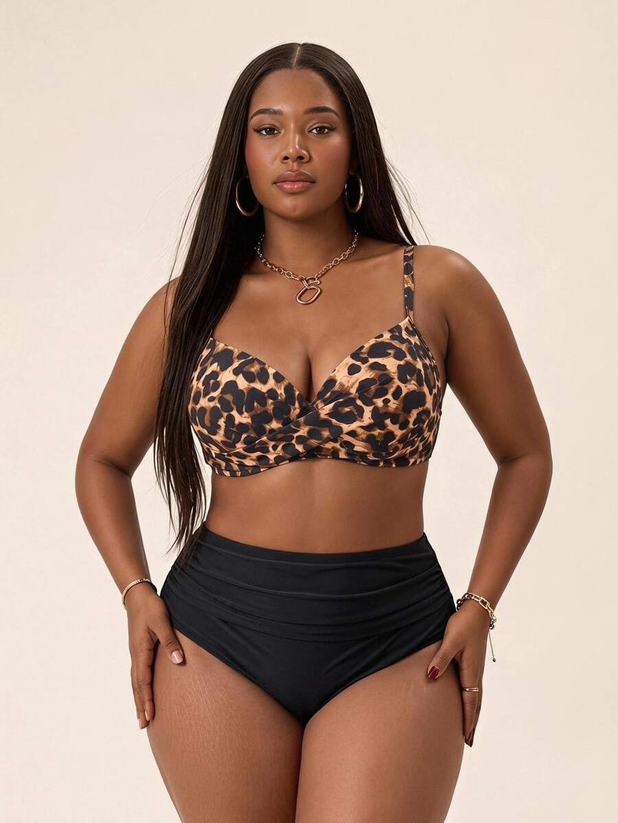 Slaydiva Setelan Baju Renang Dua Potong Motif Leopard Seksi untuk Liburan Pantai Musim Panas Wanita Ukuran Plus, Warna Beige Hitam - Hitam - View 1