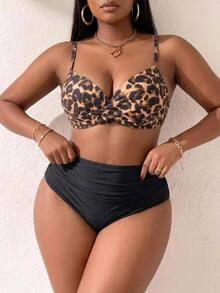 Slaydiva Setelan Baju Renang Dua Potong Motif Leopard Seksi untuk Liburan Pantai Musim Panas Wanita Ukuran Plus, Warna Beige Hitam - Hitam - View 5