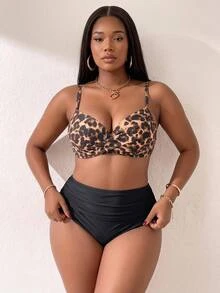 Slaydiva Setelan Baju Renang Dua Potong Motif Leopard Seksi untuk Liburan Pantai Musim Panas Wanita Ukuran Plus, Warna Beige Hitam - Hitam - View 4