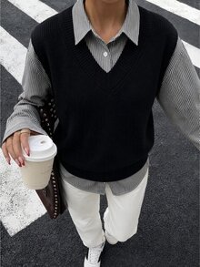 Women's Shirt Detailed Knit Sweater Blouse - Black - View 6