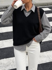 Women's Shirt Detailed Knit Sweater Blouse - Black - View 7