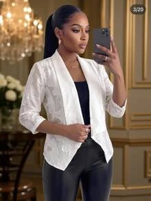 SHEIN Lady CURVE جاكيت نسائي مقاس كبير بطبعة زهور وياقة شال وأكمام 3/4 مفتوح من الأمام - أبيض - مشاهدة 3