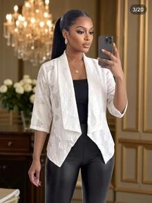 SHEIN Lady CURVE جاكيت نسائي مقاس كبير بطبعة زهور وياقة شال وأكمام 3/4 مفتوح من الأمام - أبيض - مشاهدة 4