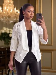 SHEIN Lady CURVE جاكيت نسائي مقاس كبير بطبعة زهور وياقة شال وأكمام 3/4 مفتوح من الأمام - أبيض - مشاهدة 7