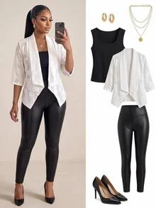 SHEIN Lady CURVE جاكيت نسائي مقاس كبير بطبعة زهور وياقة شال وأكمام 3/4 مفتوح من الأمام - أبيض - مشاهدة 6