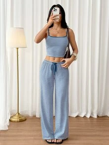 SHEIN PETITE Women's Casual Home Camisole Striped Tank Top And Long Pants Set - Blue - View 9