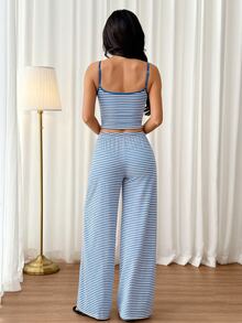SHEIN PETITE Women's Casual Home Camisole Striped Tank Top And Long Pants Set - Blue - View 5