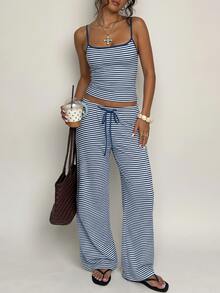 SHEIN PETITE Women's Casual Home Camisole Striped Tank Top And Long Pants Set - Blue - View 2