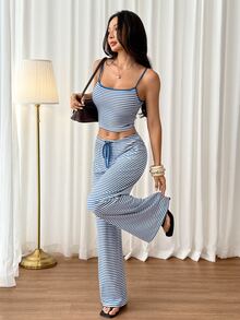 SHEIN PETITE Women's Casual Home Camisole Striped Tank Top And Long Pants Set - Blue - View 6