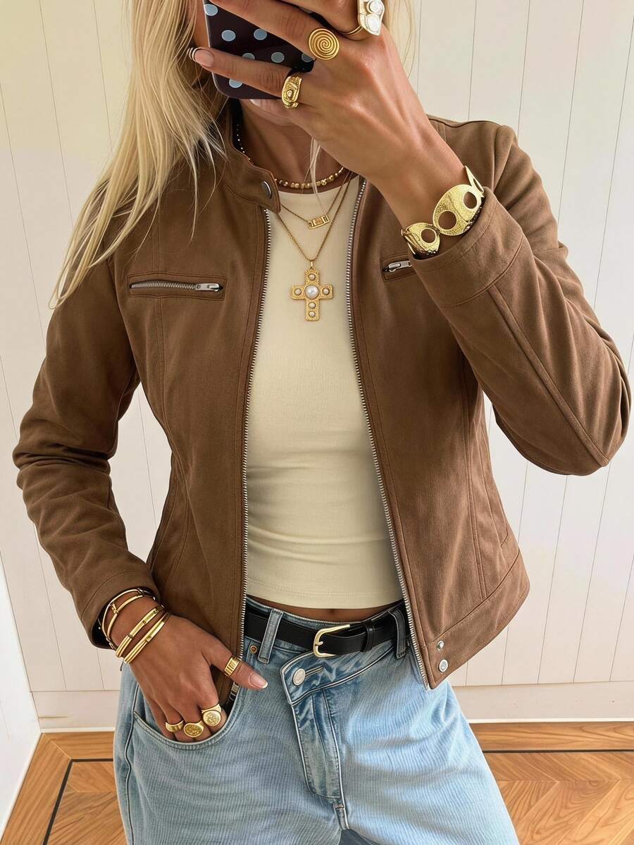 SHEIN EZwear 棕色人造麂皮女款夾克 適合公路旅行、波多黎各度假、秋季休閒穿搭 - 駝色 - 查看 1