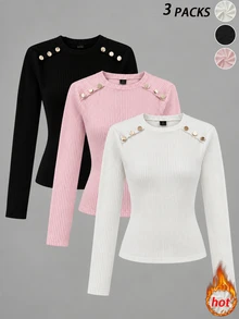 SHEIN Unity 女款秋冬純色三件式針織套裝，多色可選，百搭上衣，適合疊穿、單穿，可搭配牛仔褲與裙子 - 彩色 - 查看 9