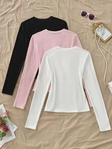 SHEIN Unity 女款秋冬純色三件式針織套裝，多色可選，百搭上衣，適合疊穿、單穿，可搭配牛仔褲與裙子 - 彩色 - 查看 2