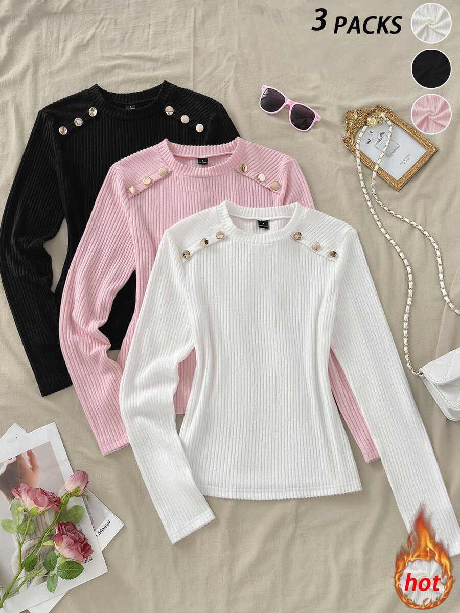SHEIN Unity 女款秋冬純色三件式針織套裝,多色可選,百搭上衣,適合疊穿、單穿,可搭配牛仔褲與裙子 - 彩色 - 查看 1