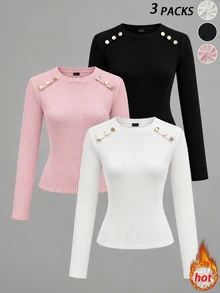 SHEIN Unity 女款秋冬純色三件式針織套裝，多色可選，百搭上衣，適合疊穿、單穿，可搭配牛仔褲與裙子 - 彩色 - 查看 10