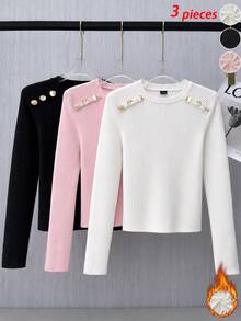 SHEIN Unity 女款秋冬純色三件式針織套裝，多色可選，百搭上衣，適合疊穿、單穿，可搭配牛仔褲與裙子 - 彩色 - 查看 4