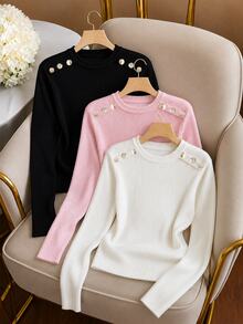 SHEIN Unity 女款秋冬純色三件式針織套裝，多色可選，百搭上衣，適合疊穿、單穿，可搭配牛仔褲與裙子 - 彩色 - 查看 3