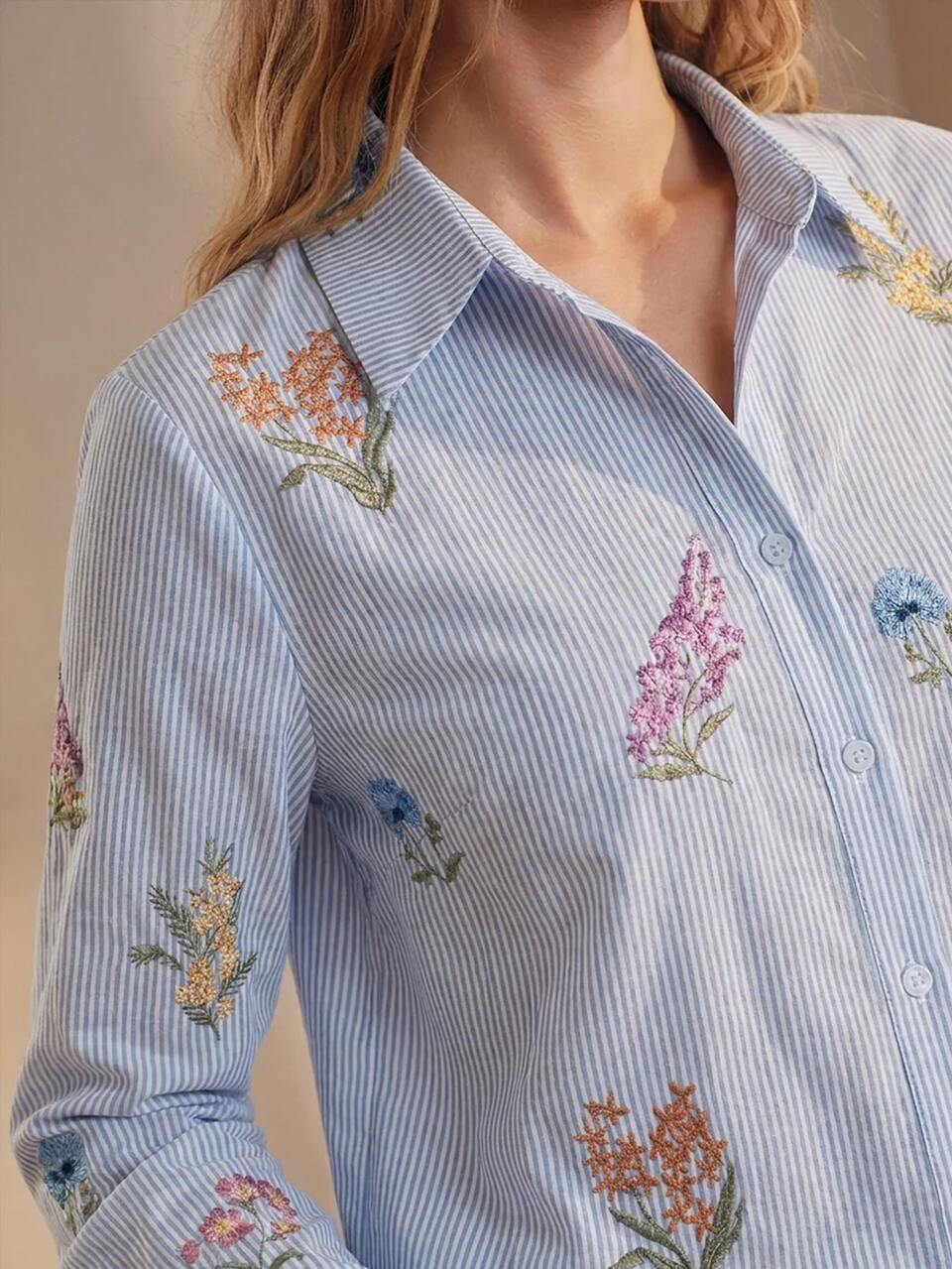 Anewsta Elegant Romantic Random Embroidered Floral Long Sleeve Design Pleated Vacation Style Faux Linen Women's Blouse, Summer Clothes, Casual Blouses For Women, Work Outfits For Women