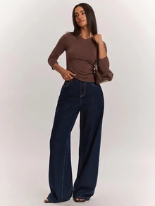 SHEIN BAE Fall Brown V Neck Slim Fit Basic Casual Long Sleeve Top Minimalist Daily Office Casual Layering - Brown - View 5