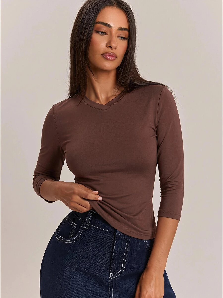 SHEIN BAE Fall Brown V Neck Slim Fit Basic Casual Long Sleeve Top Minimalist Daily Office Casual Layering - Brown - View 1