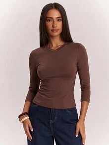 SHEIN BAE Fall Brown V Neck Slim Fit Basic Casual Long Sleeve Top Minimalist Daily Office Casual Layering - Brown - View 3