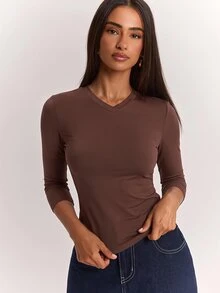 SHEIN BAE Fall Brown V Neck Slim Fit Basic Casual Long Sleeve Top Minimalist Daily Office Casual Layering - Brown - View 4